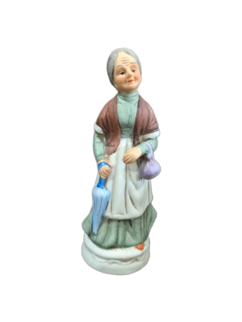 Vintage Hand Painted Ceramic Woman Figurine w/ Basket Cottage Decor Collectible.